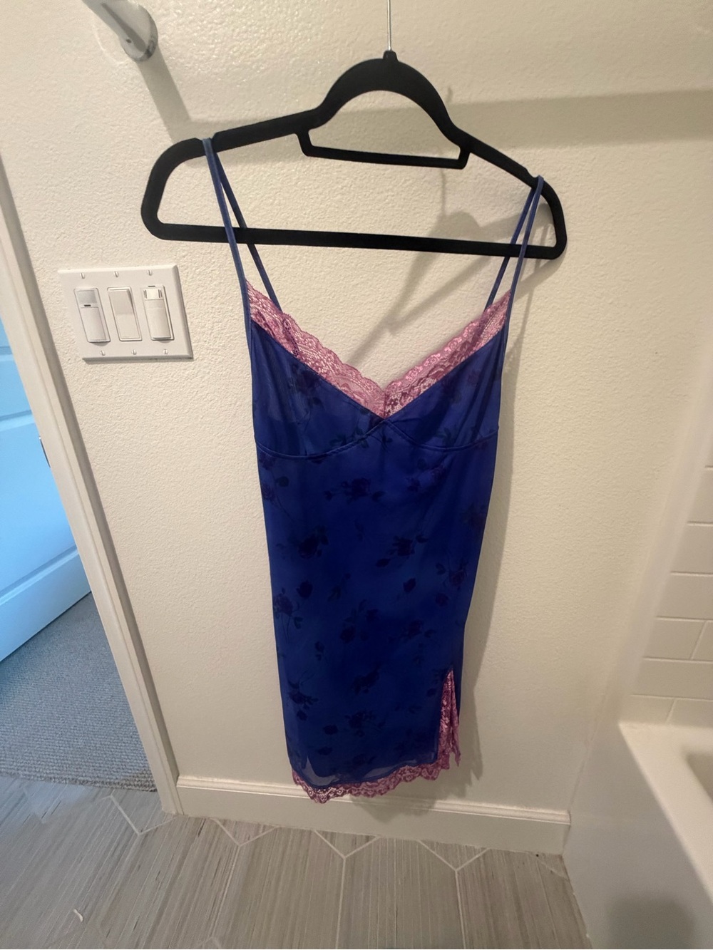 Motel Rocks Blue Satin Slip Dress with Pink Lace Trim